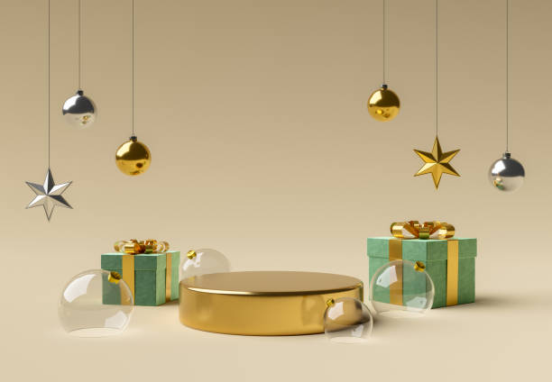 golden cylinder with glass spheres and christmas ornaments - navidad 個照片及圖片檔