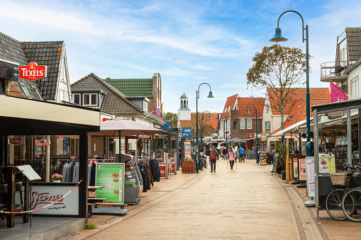 De Koog, The Netherlands, October 7, 2021; Street in the center of the small touristic village De Koog on the Wadden Island of Texel, the Netherlands.