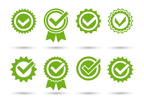 Approved tick stamps. Approvals green seals, endorse stamp ticks, license quality approbation guarantee okay icons, verified certified endorsed checkmarks vector collection