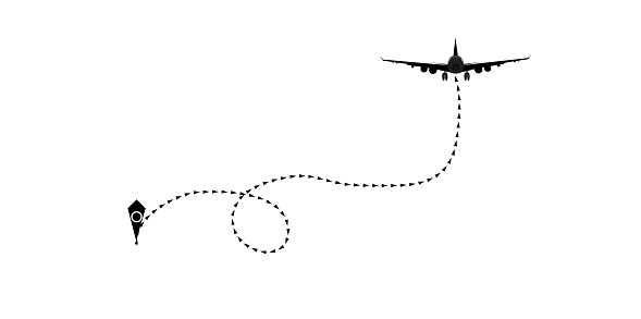 air transport concept.Airplane line path vector icon of air plane flight route with start point and dash line trace