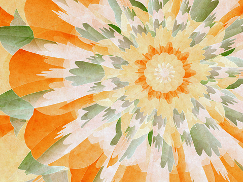 Multiple abstract flowers painted on textured paper. Pastel hues with autumn leaf colors, orange and yellow shades.