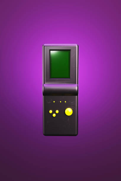 3D illustration black retro electronic portable game console, 1980 90s style, on lilac,  3D rendering