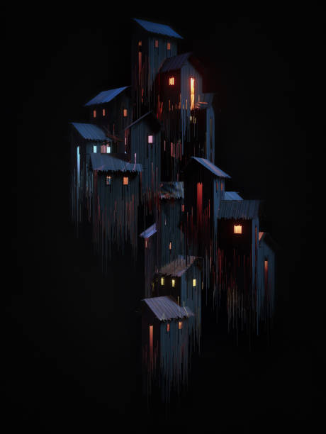 3d Digitally Generated Image, Group Of Gothic Houses On Black Background