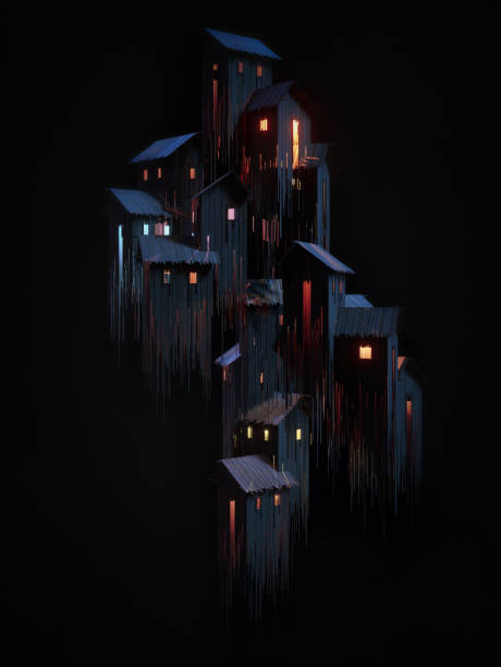 3d digitally generated image, group of gothic houses on black background - 哥德式 插圖 個照片及圖片檔
