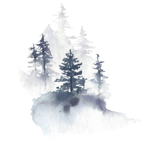 ilustrações, clipart, desenhos animados e ícones de floresta cinzenta abstrata. ilustração pintada à mão em aquarela em fundo branco. desenho de cor da água. - mist rock winter autumn