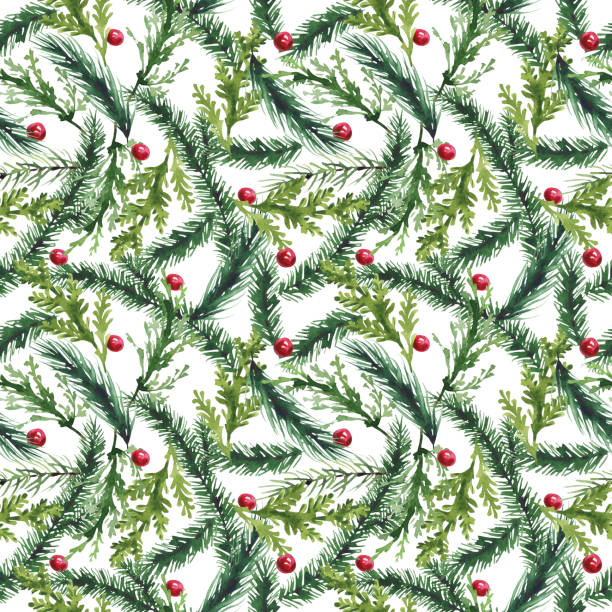 istock Christmas fir tree and red balls seamless pattern. Watercolor hand drawn painted illustration on white background. Water colour drawing. 1346016762