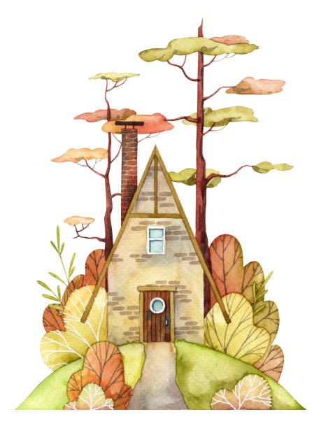 illustrazioni stock, clip art, cartoni animati e icone di tendenza di piccola casa accogliente nella foresta autunnale. illustrazione ad acquerello dipinta a mano. piccola casa con camino e tetto spiovente su una collina con alberi e cespugli - forest hut window autumn