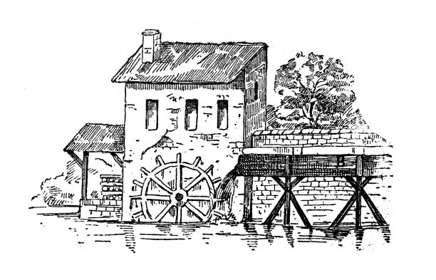 Antique illustration: Mill Antique illustration: Mill watermill stock illustrations