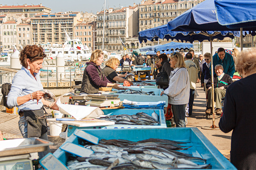 Marseille, France; March 29th 2011: Fresh fish street market in the Old Port.
