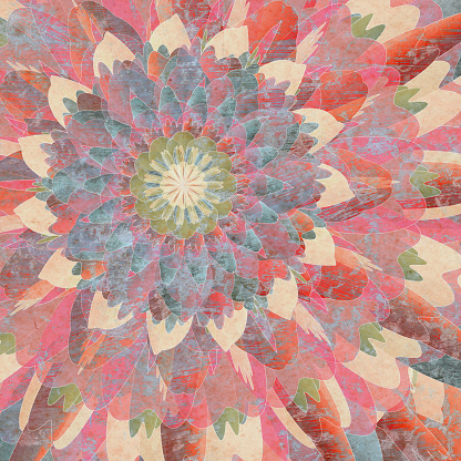 Abstract concentric floral pattern with textured effect on rough material, similar to a mural painting. Pastel hues with autumn leaf colors, red and turquoise shades.