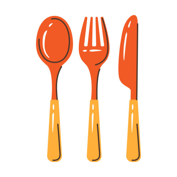 ilustracja zestawu sztućców nóż, łyżka, widelec. stylizowane naczynia kuchenne i restauracyjne. - fork stock illustrations