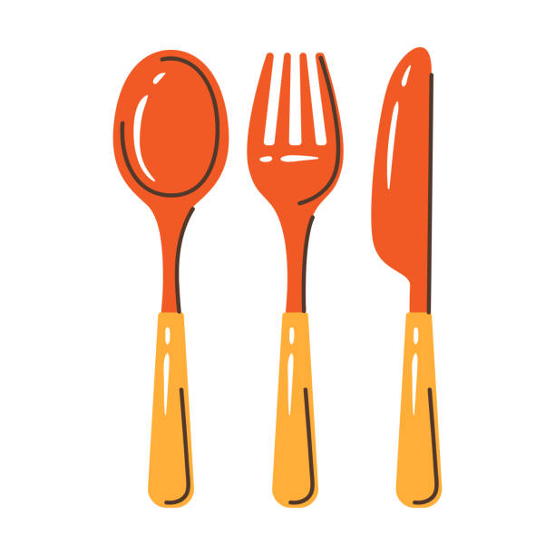Illustration of cutlery set knife, spoon, fork. Stylized kitchen and restaurant utensil. Illustration of cutlery set knife, spoon, fork. Stylized kitchen and restaurant utensil item. clip art of a forks stock illustrations