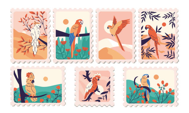 Tropical parrots postage stamp collection. Exotic birds mark set. Different parakeets in trendy flat design. eclectus parrot stock illustrations