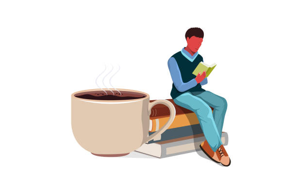 Flat vector man  sitting by  an exaggerated coffee mug and reading books. vector art illustration