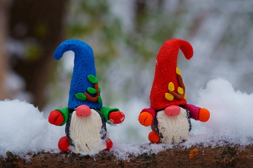 Figures of multi-colored gnomes on a tree branch. Christmas decorations.