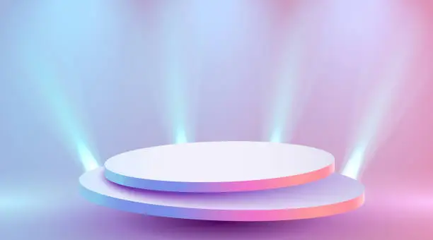 Vector illustration of Abstract round podium illuminated with spotlight. Award ceremony concept. Stage backdrop.
