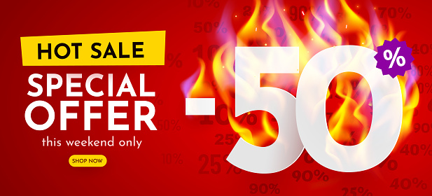 50 percent Off. Hot sale banner with burning numbers. Discount poster. Vector illustration