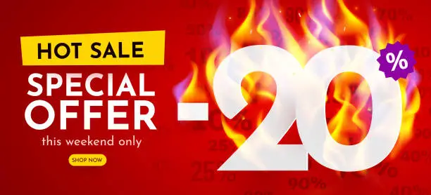 Vector illustration of 20 percent Off. Hot sale banner with burning numbers. Discount poster.