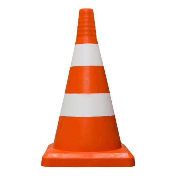 istock An orange and white striped traffic cone. 1346030699