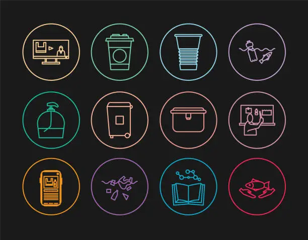 Vector illustration of Set line Fish care, Stop plastic pollution, Paper glass, Trash can, Bottle of liquid soap, Lunch box and icon. Vector