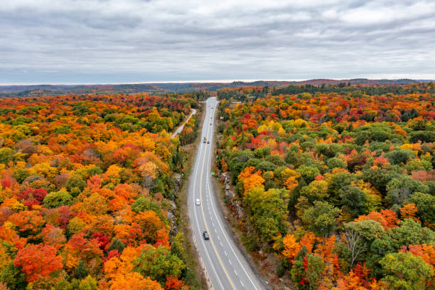 Huntsville and Highway 60 to Algonquin Park at Fall, Ontario, Canada Aerial Huntsville Townscape at Fall, Ontario, Canada. huntsville ontario stock pictures, royalty-free photos & images