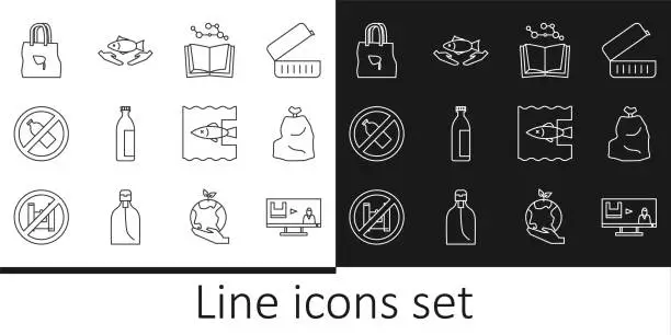 Vector illustration of Set line Stop plastic pollution, Garbage bag, Open book, Lotion cosmetic tube, No bottle, Shopping with recycle, ocean and Fish care icon. Vector