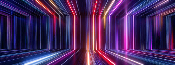 renderização 3d, fundo panorâmico abstrato com linhas de neon brilhantes. sala virtual vazia - largo descrição física - fotografias e filmes do acervo