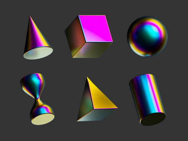 istock 3d render, simple iridescent geometric shapes, primitives and abstract objects. Collection of colorful metallic design elements, isolated on dark grey background 1346033518