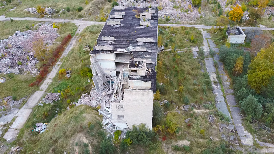 Aerial View of Abandoned Military Ghost Town Irbene in Latvia. Former Super Secret Abandoned Soviet Military Town Irbene in Latvia. Soviet Army Spying Object