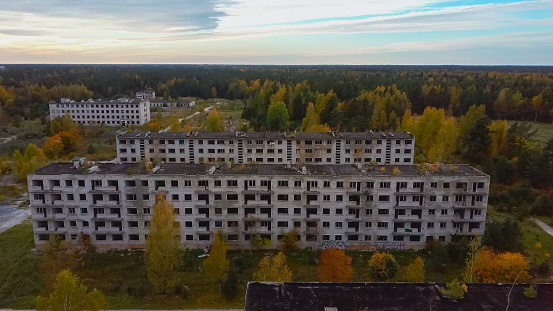 Aerial View of Abandoned Military Ghost Town Irbene in Latvia. Former Super Secret Abandoned Soviet Military Town Irbene in Latvia. Soviet Army Spying Object