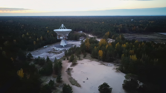 Aerial View of Super Secret Soviet Radio Telescope Near Abandoned Military Town Irbene in Latvia. Army Space Spying Object