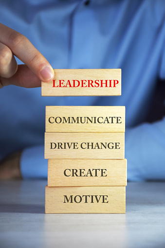 Hand arranging wood blocks and words of leadership written on the wood blocks