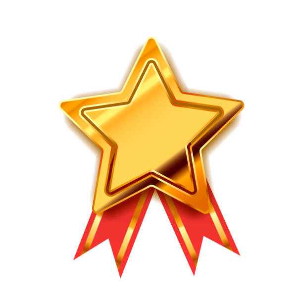 istock Bright golden award in star shape with red tape, glossy winner badge on white 1346034738