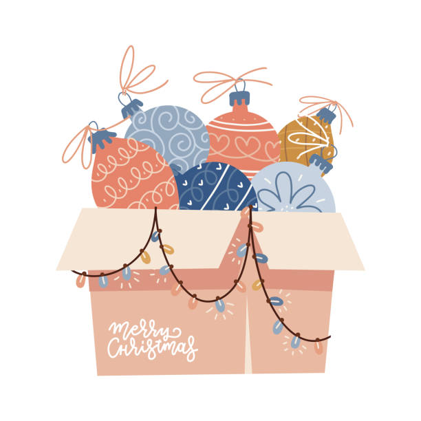 Cardboard box overflowing with Christmas decorations with an baubles, Christmas tree balls, ornaments and string of lights with lettering text - Merry Christmas. Flat vector illustration. Cardboard box overflowing with Christmas decorations with an baubles, Christmas tree balls, ornaments and string of lights with lettering text - Merry Christmas. Flat vector illustration christmas decoration storage stock illustrations