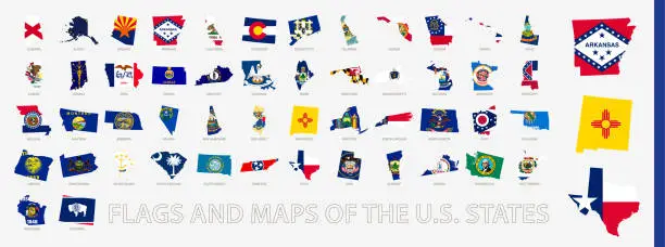 Vector illustration of Flagged maps of U.S. States, all states of United States of America sorted alphabetically.