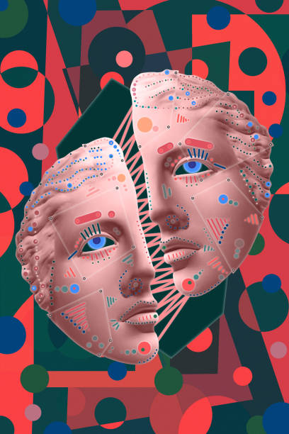 istock Collage with sculpture of human face in a pop art style. Modern creative concept image with ancient statue head. Zine culture. Contemporary art poster. Funky punk minimalism. Crypto art design. 1346036942