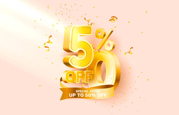 ilustrações de stock, clip art, desenhos animados e ícones de 50 off. discount creative composition. 3d sale symbol with decorative objects, golden confetti, podium and gift box. sale banner and poster. vector - 50 percent