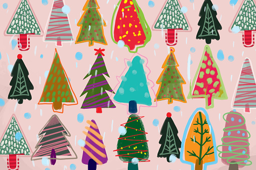 A set of different and cute Christmas trees in various colors on baby pink background
