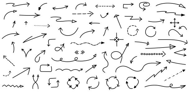 ilustrações de stock, clip art, desenhos animados e ícones de hand drawn arrow set - sinal de seta
