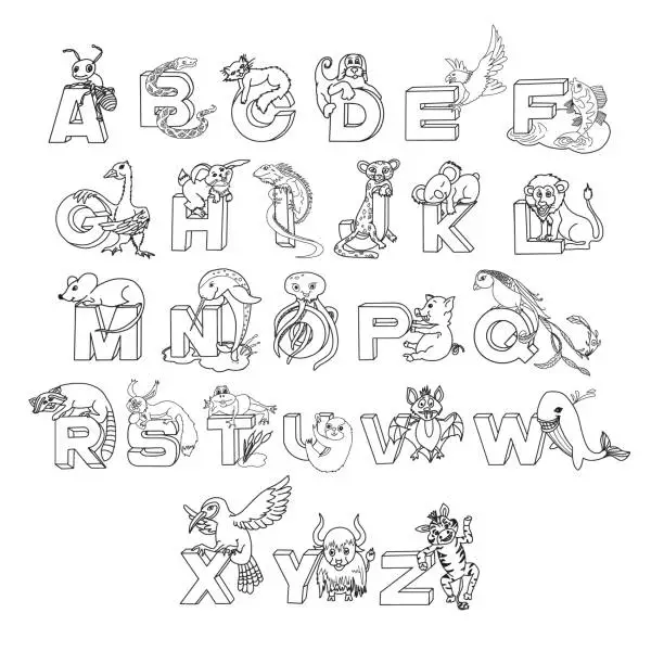 Vector illustration of Zoo Alphabet with Animals Doodles Set