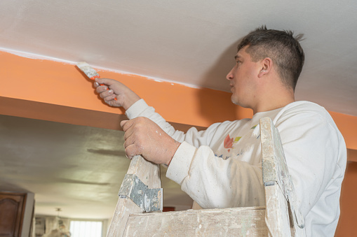 Young male painter using a brush to paint the details of a ceiling. concept of specialized work, professional job.