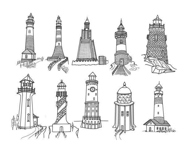 illustrations, cliparts, dessins animés et icônes de ensemble de phares doodle - sea storm lighthouse rough