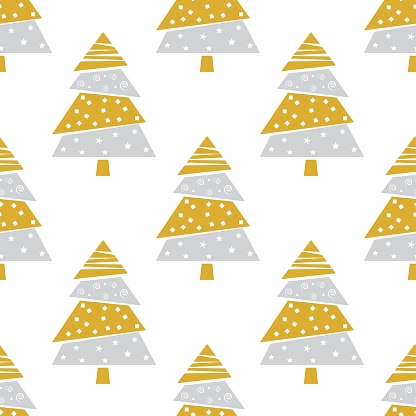 Seamless Christmas pattern. Abstract Christmas fir tree on a white background. New Year background in gold and silver colors. Flat vector illustration.