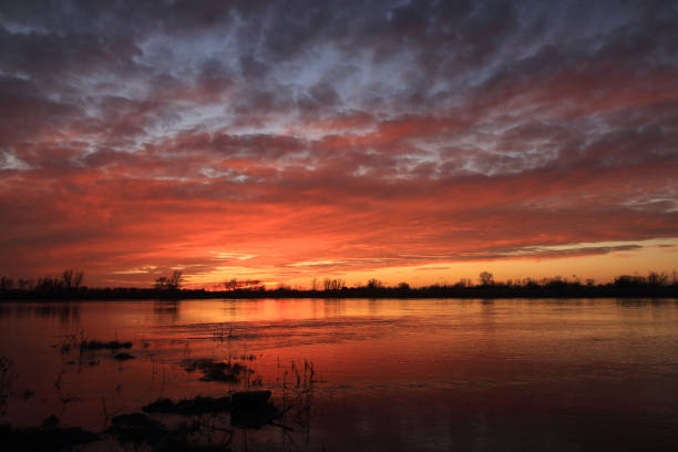 Winter sunset on the river in Poland