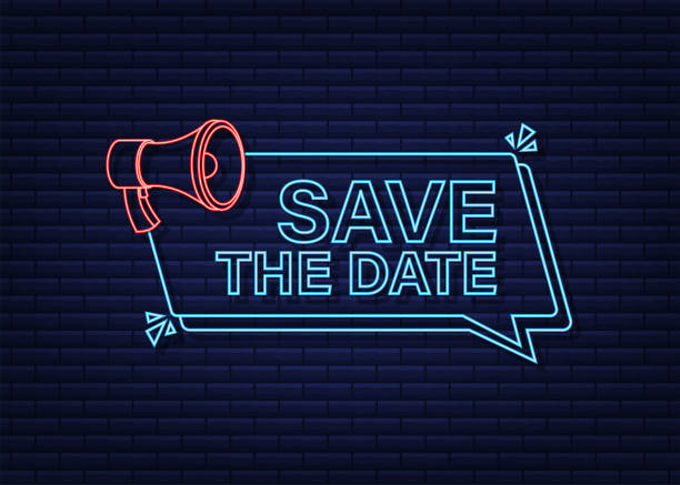 istock Save the date. Badge, mark on megaphone. Neon icon. Flat vector stock illustrations on dark background. 1346042265
