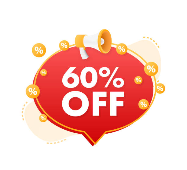 ilustrações de stock, clip art, desenhos animados e ícones de 60 percent off sale discount banner with megaphone. discount offer price tag. 60 percent discount promotion flat icon. vector illustration. - 11992