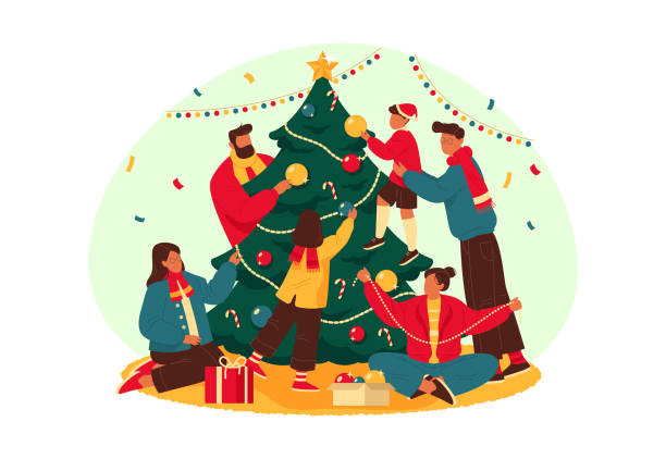 Happy family decorate New year tree, vector banner Vector holiday card for New year or Christmas greetings, banner or background. Happy family decorate Christmas tree with garlands and toys. Waiting for the holiday or festive preparations. christmas family party stock illustrations