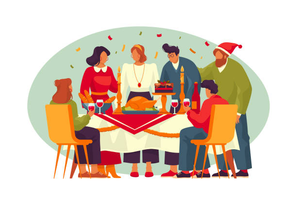 векторный баннер или праздничная открытка на день благодарения - thanksgiving turkey dinner dinner party stock illustrations