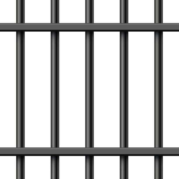 istock Black realistic metal prison bars isolated on white background. Detailed jail cage, prison iron fence. Criminal background mockup. Creative vector illustration 1346045291