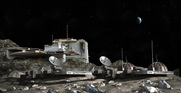 3D Illustration of a Moon outpost colony with dome structures, research modules, observation pods and communication satellite dishes for space exploration and science fiction backgrounds.